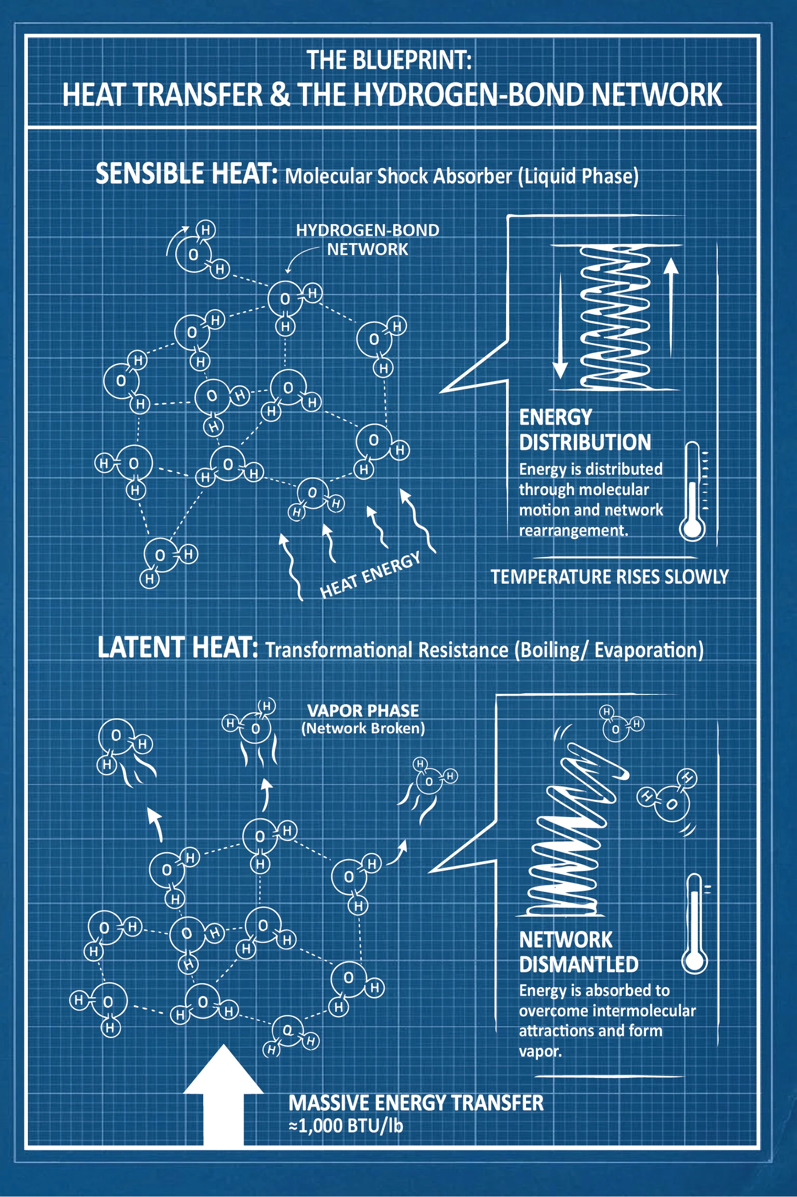 A full page blueprint plate contrasting sensible heat, where energy spreads through molecular motion and temperature climbs slowly, against latent heat, where energy goes into dismantling the hydrogen-bond network at roughly 1,000 BTU per pound and the temperature holds.