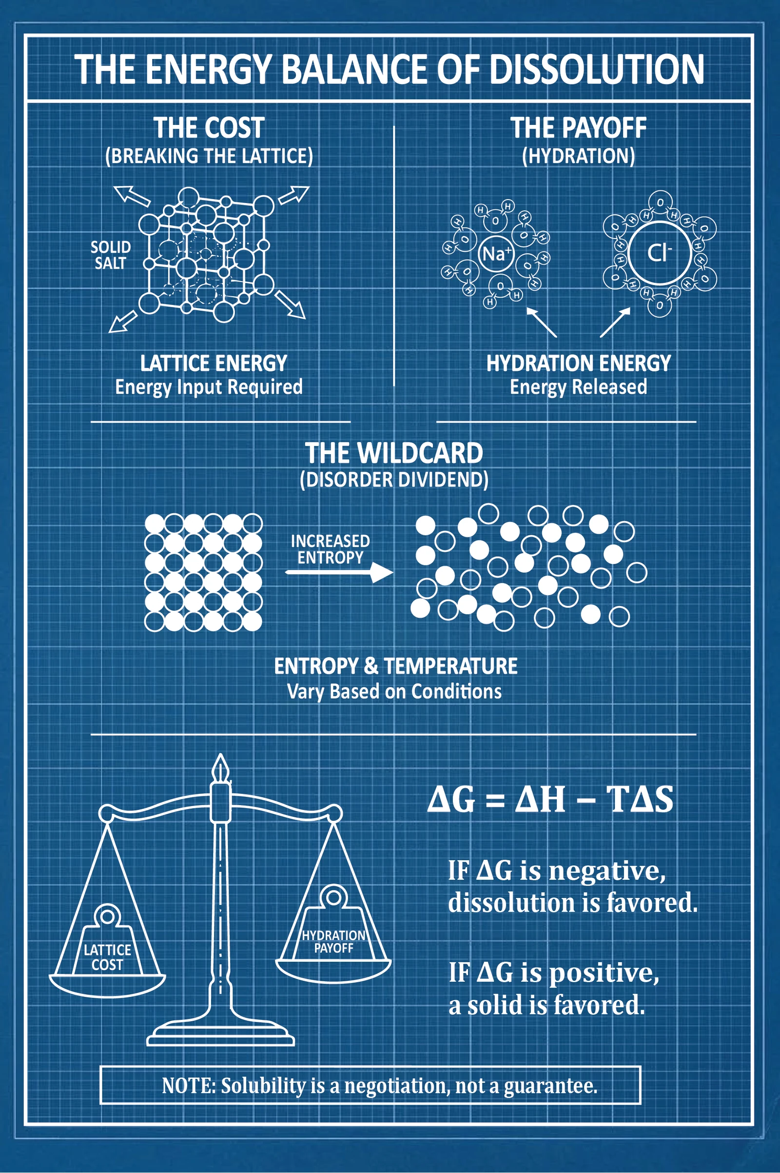 A full page blueprint plate weighing lattice energy, the cost of breaking a solid apart, against hydration energy and the entropy gained, with the Gibbs free energy equation deciding which way a salt goes and a closing note that solubility is a negotiation, not a guarantee.
