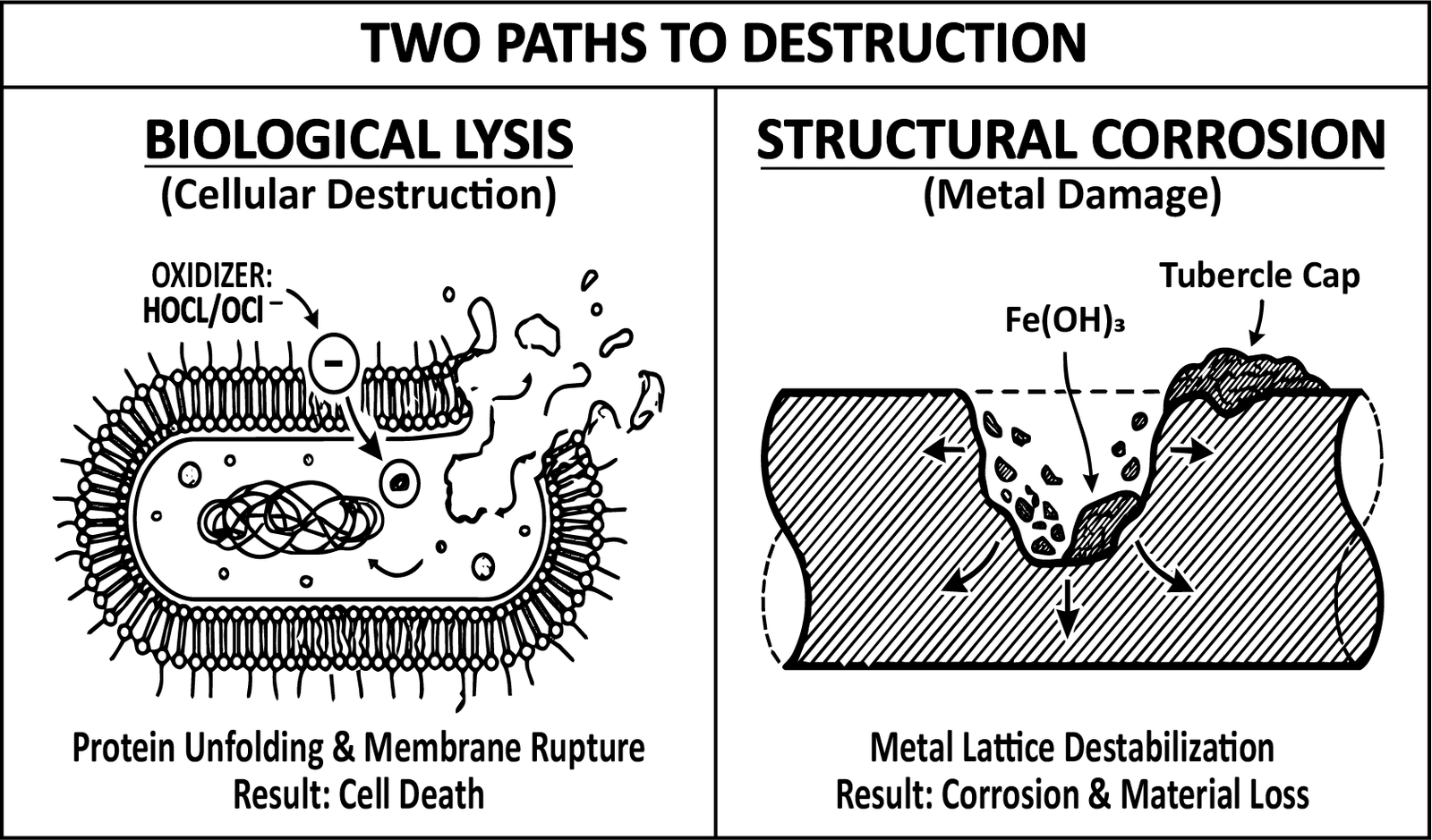 Biological lysis, where an oxidiser unfolds proteins and ruptures a cell membrane, beside structural corrosion, where a metal lattice destabilises beneath a tubercle cap of iron hydroxide.