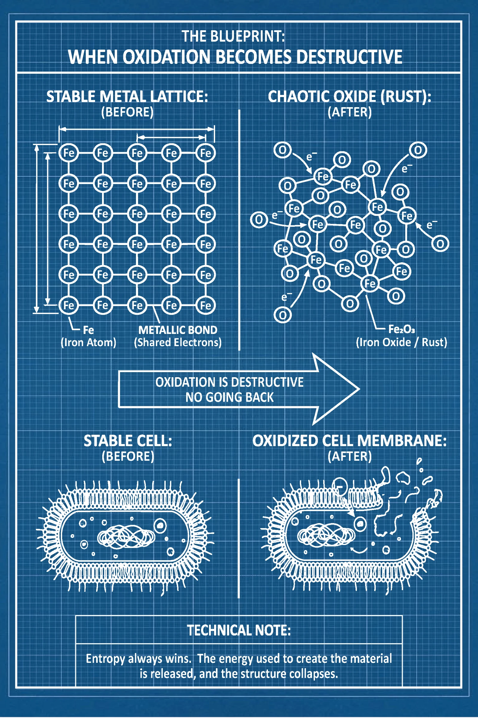 A full page blueprint plate pairing a stable metal lattice with the chaotic oxide that replaces it and a stable cell with an oxidised membrane, closing on the note that entropy always wins and the structure does not come back.
