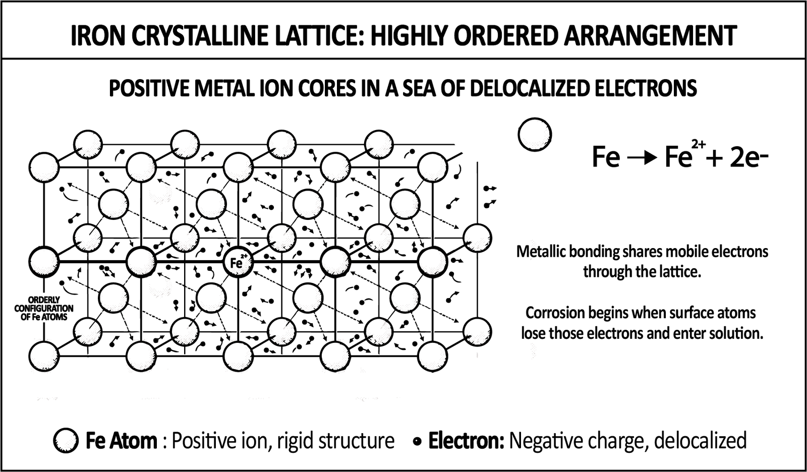 Positive iron ion cores held in an ordered lattice inside a sea of delocalised electrons, with the half reaction showing iron giving up two electrons and entering solution once surface atoms let go.
