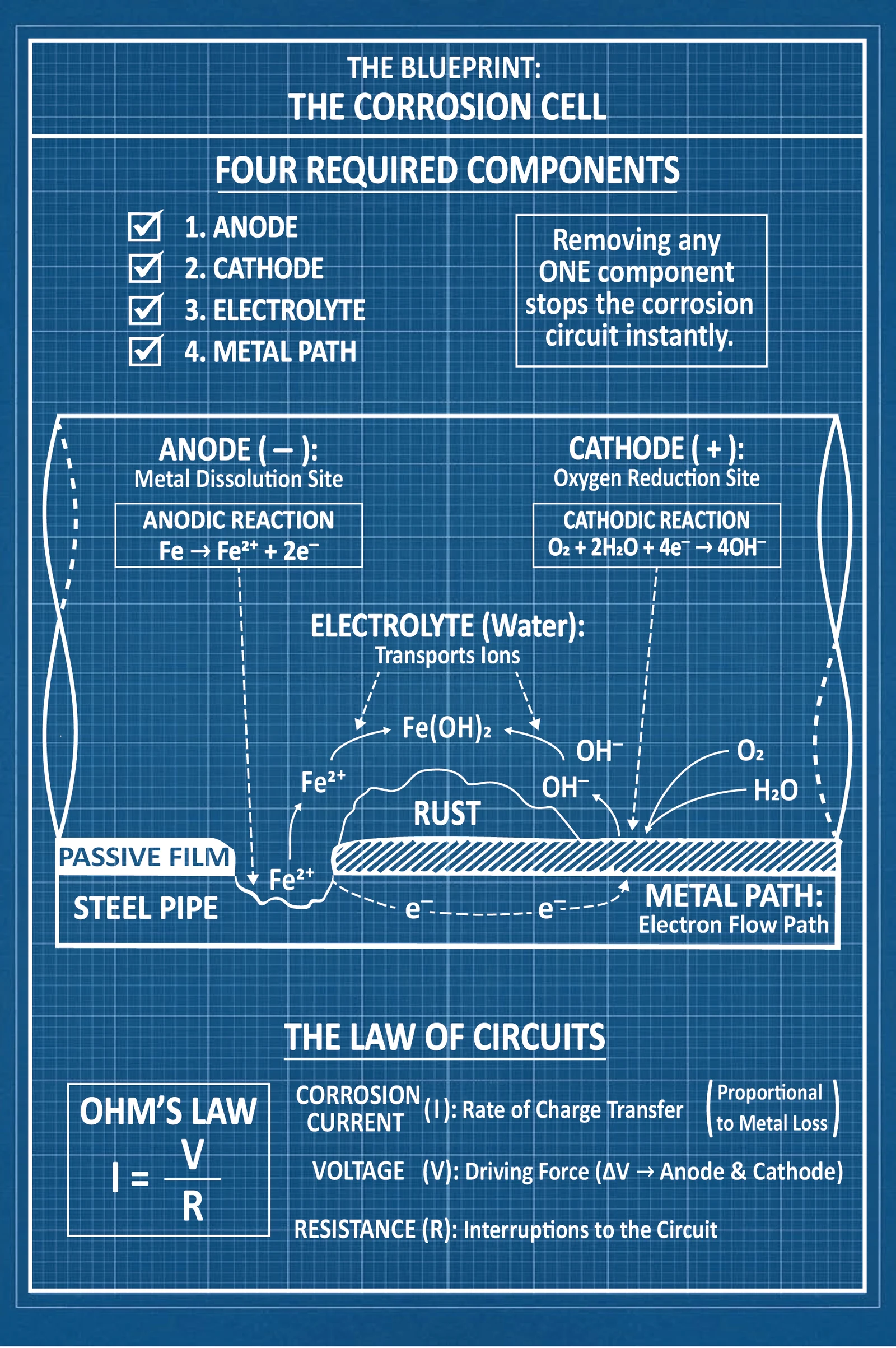 A full page blueprint plate listing the corrosion cell's four required components, anode, cathode, electrolyte, and metal path, drawn on a steel pipe and tied to Ohm's law, with the note that removing any one stops the circuit instantly.