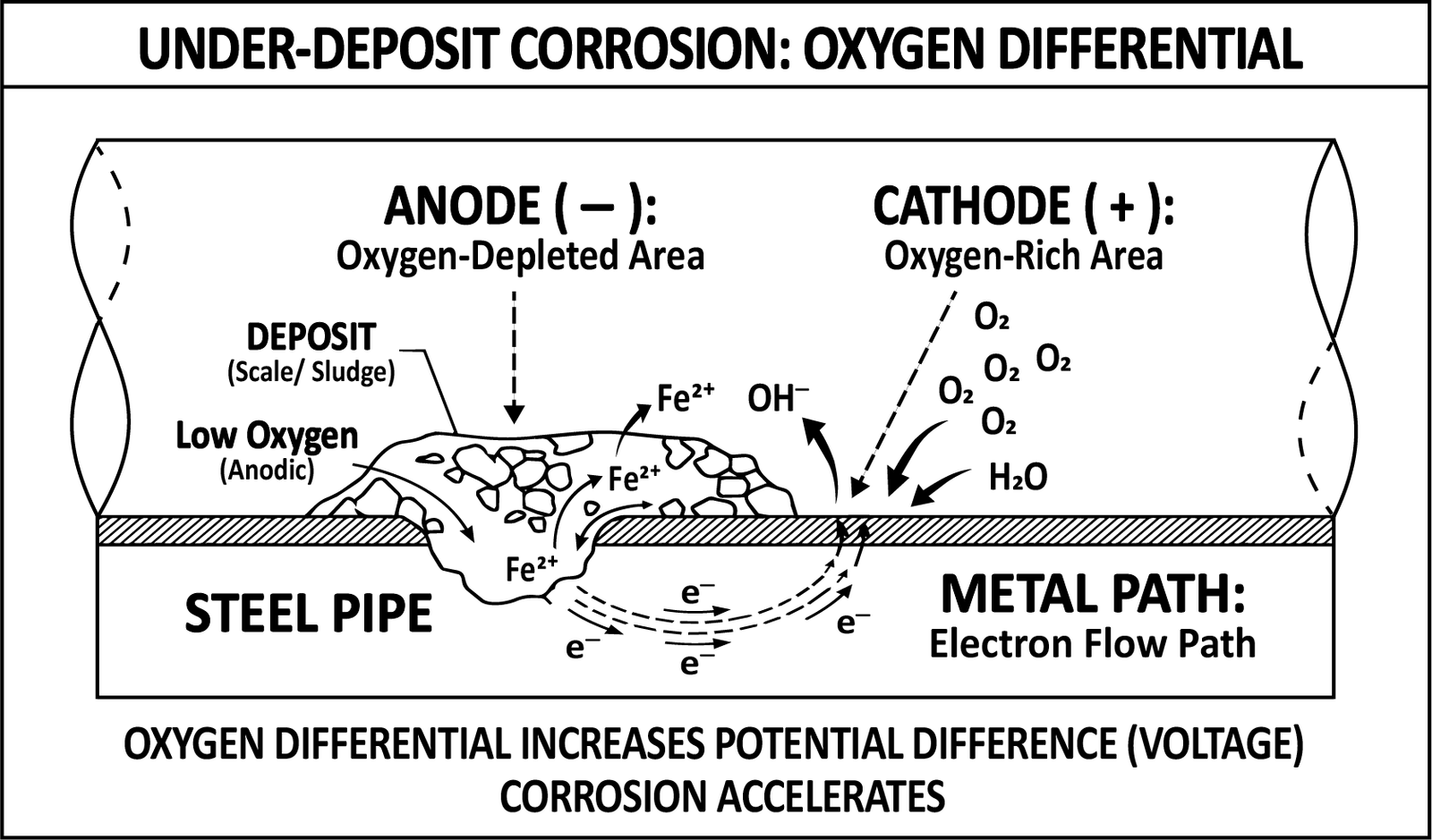 A deposit on a steel pipe starving the metal beneath it of oxygen to make an anode, while the oxygen rich water beside it acts as the cathode, the difference in potential driving electron flow and accelerating metal loss.