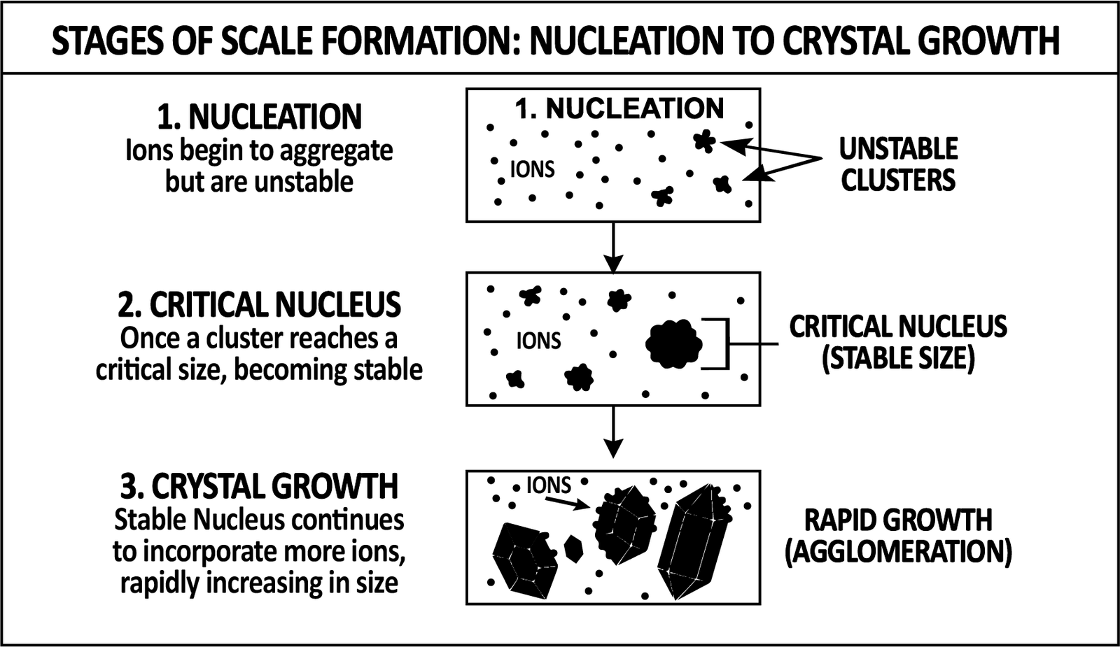 Three stages in sequence: ions aggregating into unstable clusters, a cluster reaching critical size and becoming a stable nucleus, then rapid crystal growth as that nucleus takes on more ions.