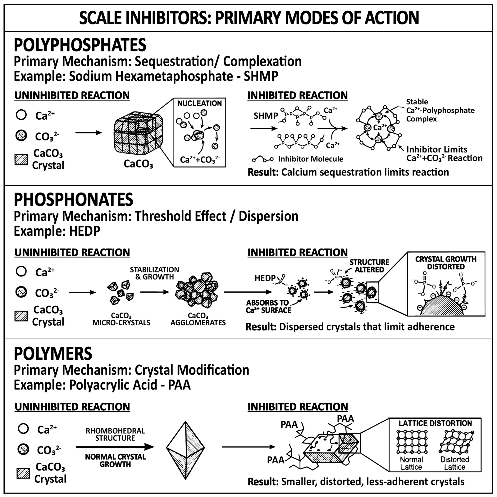 Three inhibitor families compared against uninhibited growth: polyphosphates that sequester calcium, phosphonates that distort crystal structure at threshold doses, and polymers that modify crystals into smaller, less adherent forms.