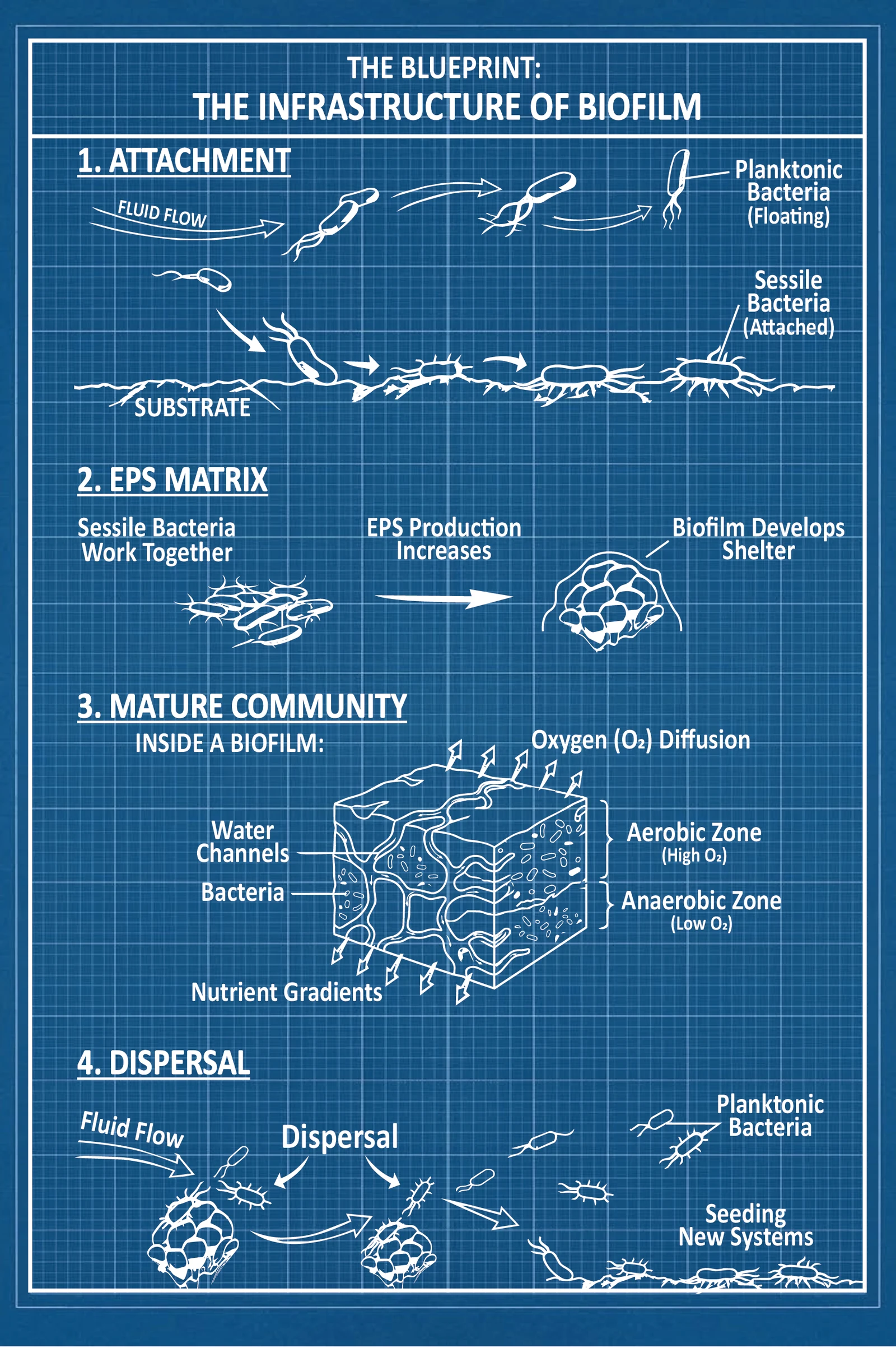 A full page blueprint plate following biofilm through four stages: planktonic bacteria attaching to a substrate, sessile bacteria building an EPS matrix, a mature community with water channels and separate aerobic and anaerobic zones, and dispersal that seeds new systems.