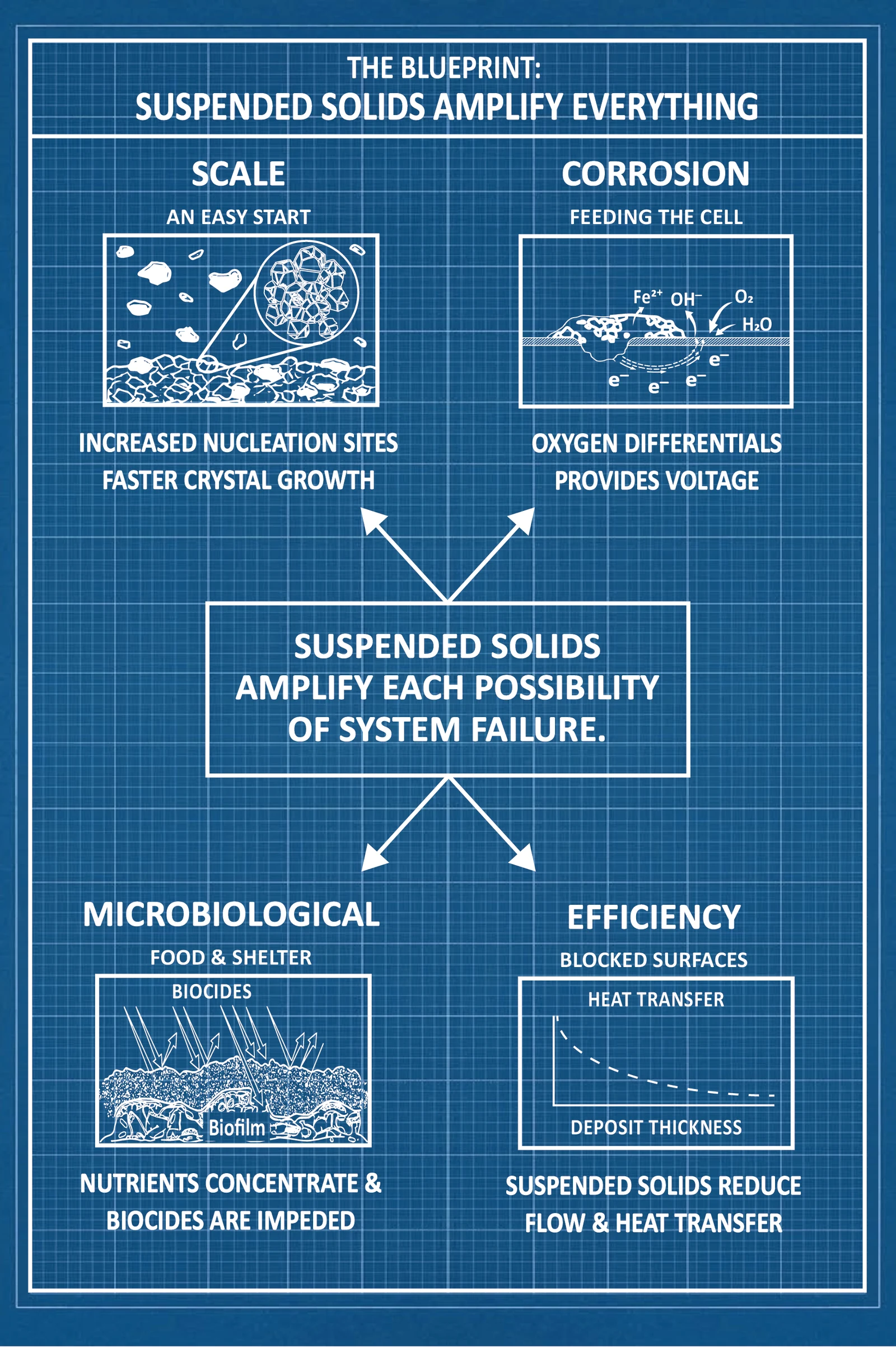 A full page blueprint plate showing suspended solids feeding scale, corrosion, microbiological growth, and lost efficiency at the same time, every arrow returning to the statement that they amplify each possibility of system failure.